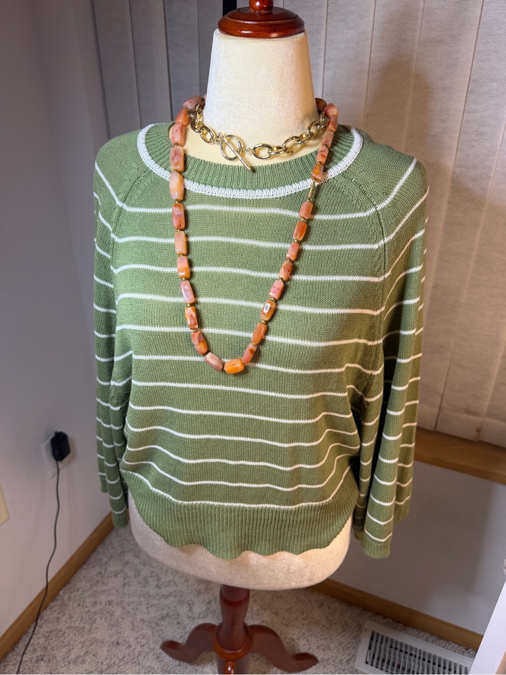 Max Studio Olive Green & White Striped Crewneck Sweater